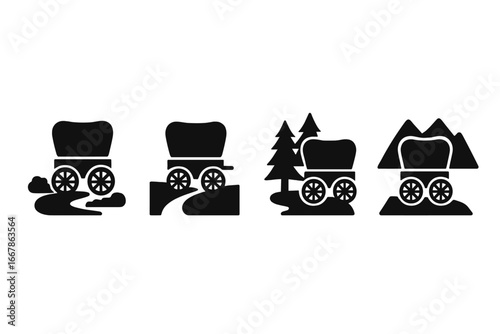 Pioneer wagon solid icon set. Wild West travel and adventure concept. Covered wagon on dusty trail, dirt road, forest path, and mountain pass. Western journey vector glyphs.