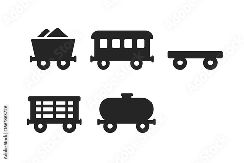 Train wagon icon set. Vector collection of railway car silhouettes. Freight, passenger, tank, flatbed, cattle, and hopper wagons. Transport and logistics symbols. Flat design.