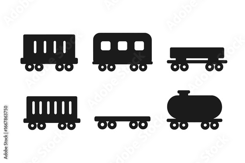 Wagon and rail car icon set. Solid glyph collection of train transport symbols. Freight, passenger, boxcar, tanker, and flatbed wagon silhouettes for logistics and cargo.