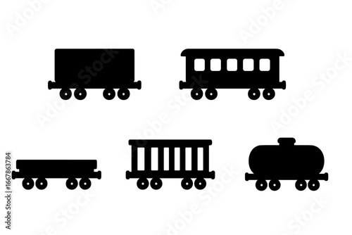 Train wagon icon set vector. Silhouette collection of railway freight cars. Passenger car, boxcar, flatbed, cattle wagon and tank car. Railroad transport and logistics symbols.