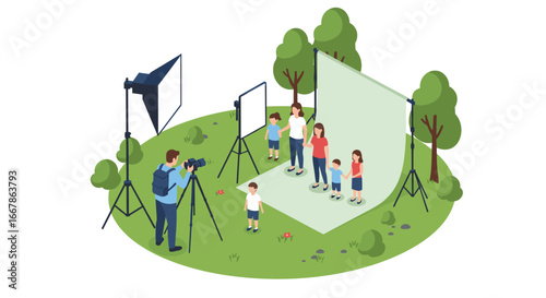 Family photo shoot in outdoor setting with professional photographer in isometric style