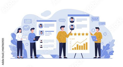 Team presentation with charts and profiles in modern flat design