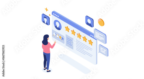 Interactive customer feedback with isometric review system and user interface