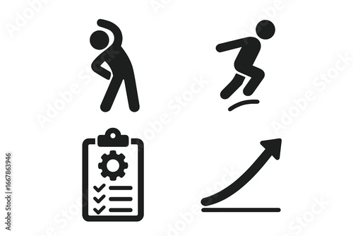 Training and preparation icon set. Solid vector icons for workout, fitness, and exercise. Includes warm-up stretch, jumping, planning checklist, and progress growth graph.