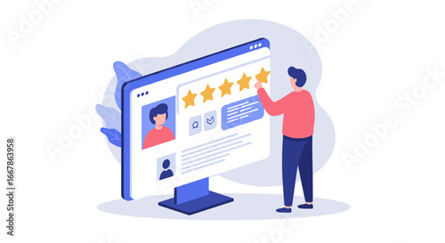 Customer feedback concept with user profile and star ratings in modern flat design
