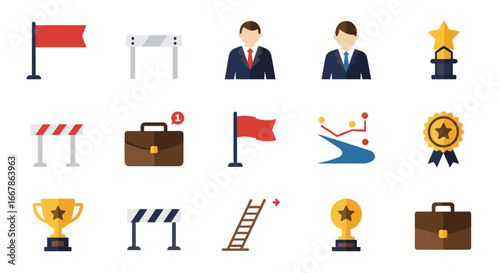 Business achievement icons set with awards, trophies, and career symbols in flat style