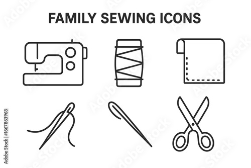 Sewing and tailoring outline icon set. Vector illustration of sewing machine, thread spool, fabric, needle, scissors. For needlework, craft, hobby, and fashion design.