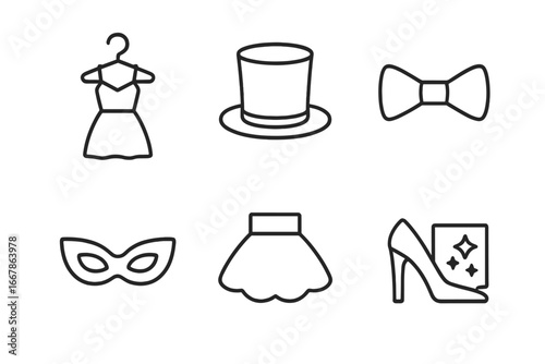Wardrobe costume party icon set. Vector outline illustration of theatre and carnival items like dress, top hat, bow tie, tutu skirt, masquerade mask, and high heel shoe.