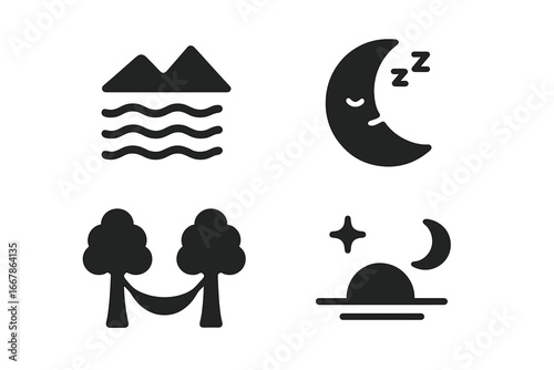 Tranquil nature icons set. Solid glyph symbols for relaxation and peace. Sleepy moon, mountain lake, hammock between trees, and twilight scene. Vector rest concept.