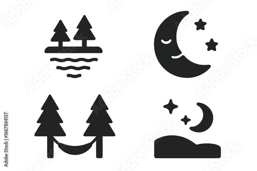 Nature relaxation solid icon set. Tranquil night, rest and calm concept. Sleepy moon, stars, still lake, forest trees, hammock for camping. Vector glyph silhouette symbols.