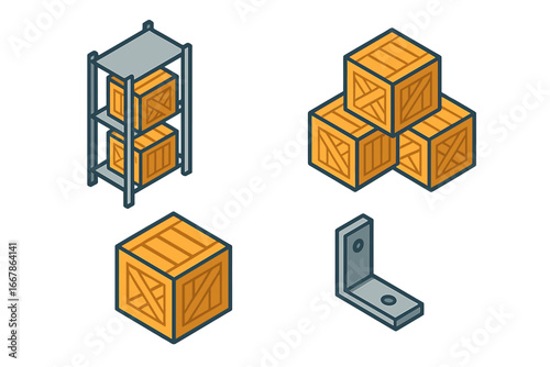 Warehouse logistics icon set. Isometric vector of wooden crates, shelving unit, and storage rack. Cargo, delivery, and supply chain concept for inventory management.