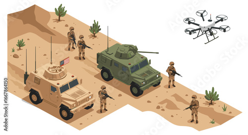 Tactical military patrol with armored vehicles and surveillance drone in desert isometric scene