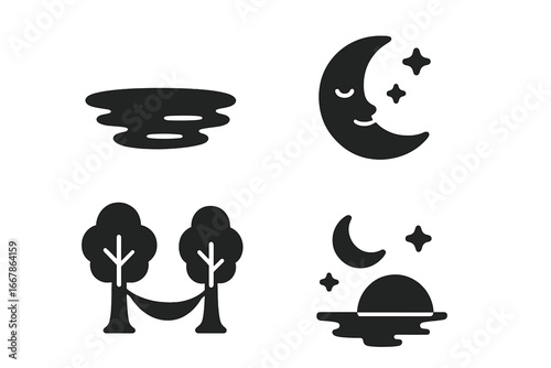 Tranquil nature solid icon set for relaxation and calm. Vector glyph symbols of a sleepy moon, still lake, hammock between trees, and a twilight night scene for peaceful concepts.