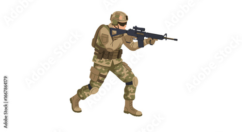 Modern soldier in combat gear with rifle in tactical stance
