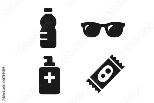 Travel essentials solid icon set. Vector glyphs of personal items for a journey. Water bottle, sunglasses, hand sanitizer, and snack bar. Vacation concept illustration.