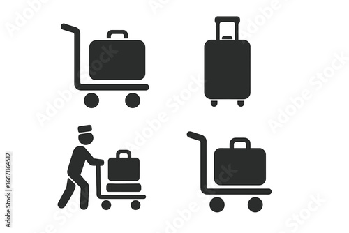 Travel icon set with airport luggage service. Vector pictograms of suitcase on a baggage trolley cart, rolling bag, and hotel porter assistance. Solid glyph transport symbols.