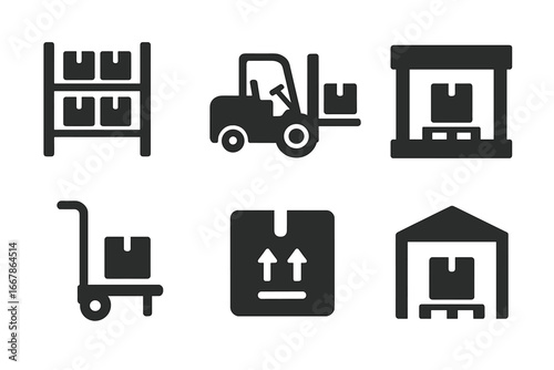 Warehouse logistics solid icon set. Storage, shipping, and distribution symbols. Forklift, pallet jack, loading dock, and delivery package vector glyph collection.