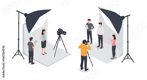 Professional photo studio isometric setup with photographers and models under softbox lighting