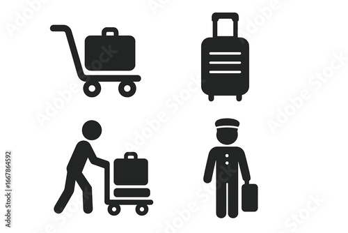 Travel and tourism icon set. Solid glyph pictograms of airport services, luggage trolley, passenger with baggage, hotel bellboy porter and suitcase. Vector transport symbols.