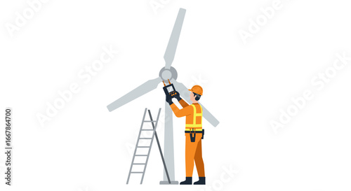 Technician conducting maintenance on wind turbine with ladder