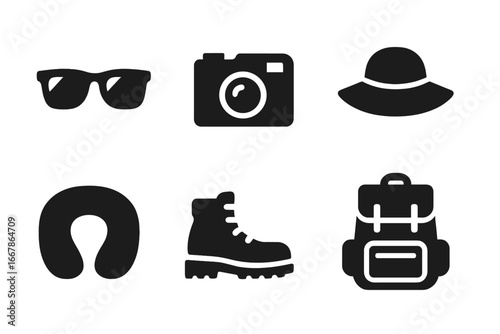 Travel icon set with solid glyphs. Vacation and tourism essentials. Vector collection of travel accessories including sunglasses, camera, sun hat, neck pillow, boot, backpack.