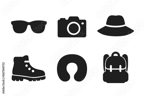 Travel solid glyph icons set. Vacation essentials accessories. Tourism, journey, adventure concept. Sunglasses, camera, hat, hiking boot, neck pillow, backpack vector symbols.
