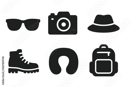 Travel icon set. Solid glyph icons of travel accessories. Sunglasses, camera, hat, neck pillow, hiking boots, backpack. Vector illustration for vacation, journey, tourism.