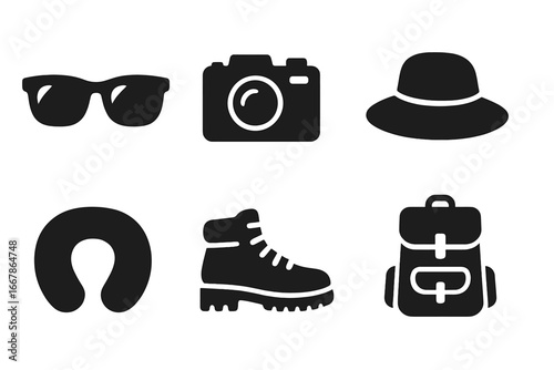 Travel icon set. Solid glyph collection of vacation accessories. Vector icons of sunglasses, camera, hat, neck pillow, hiking boot, backpack. Tourism adventure concept gear.