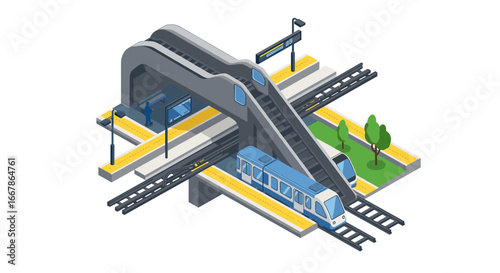 Modern urban train station with overpass and electric train in isometric style