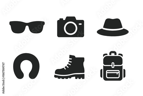Travel and vacation solid icon set. Tourism essentials glyph collection. Sunglasses, camera, hat, neck pillow, hiking boot, backpack vector silhouettes. Adventure gear.
