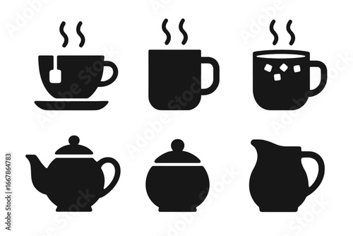 Coffee and tea icon set. Vector glyphs of hot drinks. Silhouette of coffee mug, teacup, hot chocolate, teapot, sugar bowl, creamer. Beverage symbols for cafe menu design.