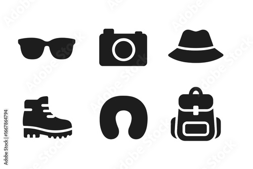 Travel and tourism solid icon set. Vector glyph collection of travel accessories. Sunglasses, camera, hat, neck pillow, hiking boots, backpack. Adventure and vacation concept.