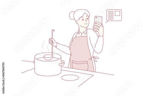 Elderly woman cooking soup at kitchen with online recipe on cellphone. Smiling modern old grandmother preparing food using cookbook or application on mobile. Vector illustration.
