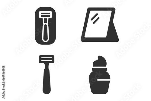 Shaving travel kit vector icon set. Solid glyph icons of a razor, case, foldable mirror, and cream. Men's grooming, hygiene, bathroom essentials, and personal care accessories.