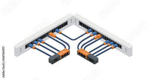 Isometric network switch connection diagram with ethernet cables