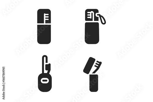 Travel toothbrush holder vector icon set. Solid glyph icons of portable toothbrush cases, hard plastic container, protective cap, foldable holder. Dental care, oral hygiene concept.