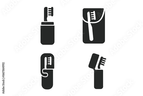 Travel toothbrush holder icon set. Solid glyph vector illustrations of portable dental hygiene accessories. Hard case, soft pouch, clip holder, and foldable travel kit symbols.