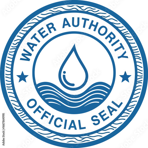 Water authority official seal stamp blue circular emblem symbol drop wave vector