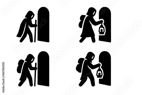 Adventurer entering portal icon set. Fantasy journey concept. Traveler, pilgrim, wanderer. Cloaked figure with lantern, staff, backpack. RPG character silhouette glyphs.