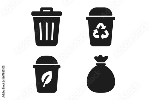 Waste management solid icon set. Vector symbols for trash, recycling, compost bin, and garbage bag. Concepts of waste sorting, ecology, cleaning, and environmental care.