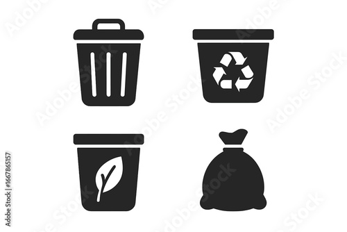 Waste management solid icon set. Garbage sorting concept with trash can, recycling bin, organic compost container, and waste bag. Ecology and environmental care vector symbols.