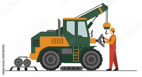 Construction worker operating heavy machinery with crane hook