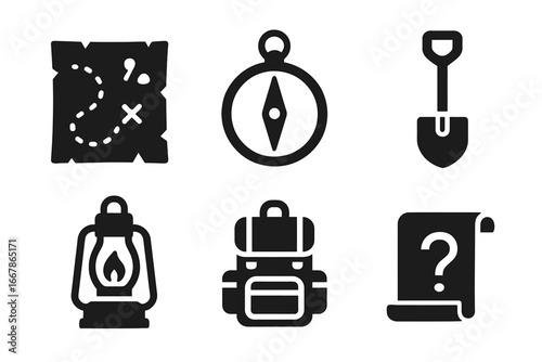 Treasure hunt essentials icon set. Solid glyph pictograms for adventure, quest, discovery. Contains map, compass, shovel, lantern, backpack, clue. Pirate scavenger hunt.
