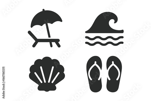 Tropical beach and summer vacation icon set. Solid glyph symbols of a beach umbrella, lounge chair, sea wave, seashell, and flip flops. Vector silhouette graphic elements.