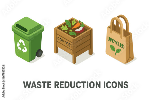 Waste reduction icons. Isometric flat icon set. Recycling bin, compost, upcycled tote bag. Eco-friendly strategies. Sustainable lifestyle. Zero waste concept. Vector illustration.