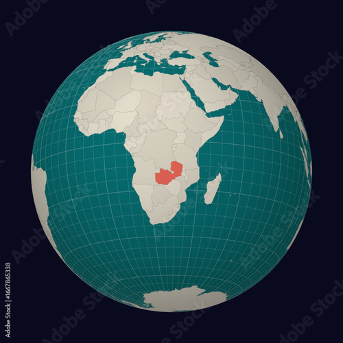 Republic of Zambia on the map. Globe centered to Zambia. Country location on the world map. Teal Pale Mint color palette. Globe with countries, meridians and parallels. Charming vector illustration.