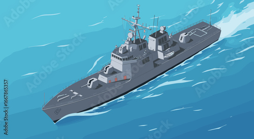 Modern naval warship navigating through ocean waves with precision