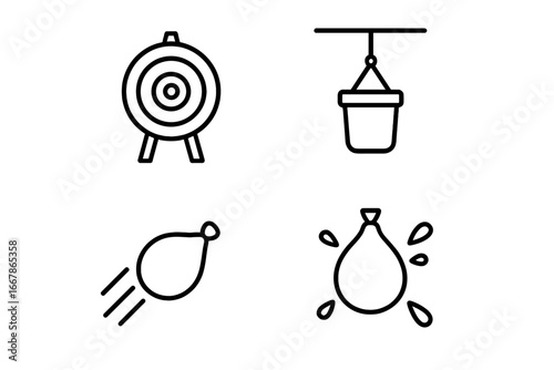 Water balloon icon set. Outline icons for summer fun game. Includes target, hanging bucket, throwing and bursting balloon. Vector illustration for water fight concepts.