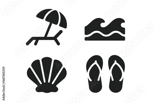 Summer beach vacation icon set. Solid glyph collection with lounge chair, umbrella, ocean wave, seashell and flip flops. Simple minimal travel and holiday vector symbols.