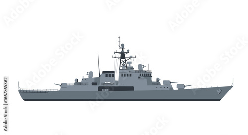 Modern naval warship side view on white background